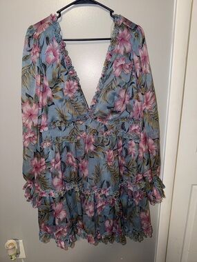 Fashion Nova Blue Floral Ruffle Tiered Dress with Pink Flowers